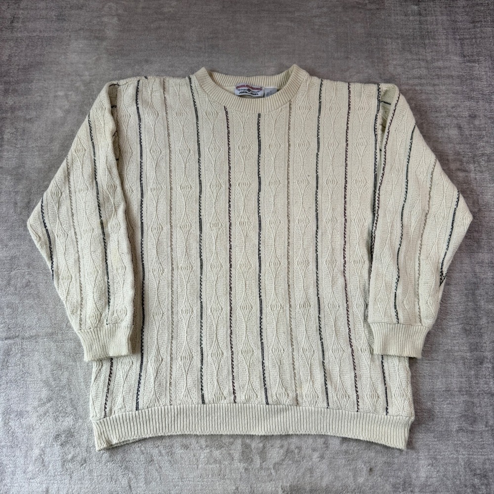 Boca Classics Sweater Mens Large Cream Cable Knit Striped Pullover Made in USA